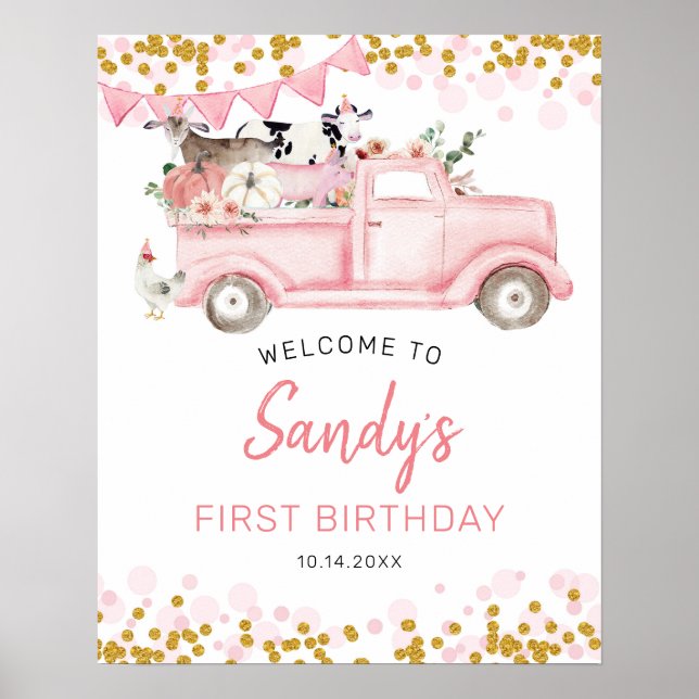 Poster Ferme Citrouille Pink Truck Drive By Birthday Welc (Devant)