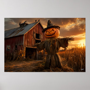 Poster Ferme de citrouilles Épouvantail Coucher de soleil