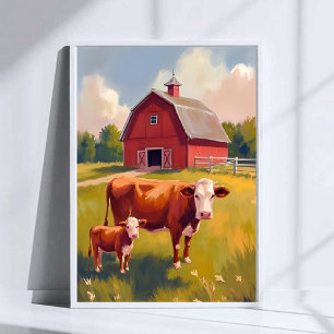 Poster Ferme de la grange rouge animaux vache peinture