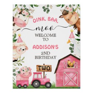 Poster Ferme Pink Grange Tracteur Anniversaire Bienvenue