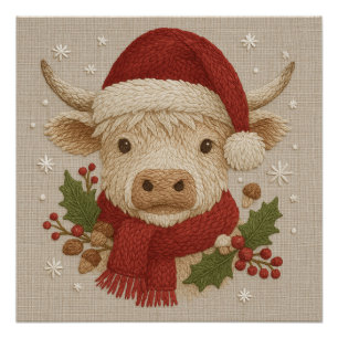 Poster Ferme rustique Highland Cow avec Santa Hat