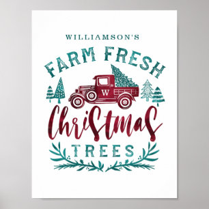 Poster Ferme Vieux Camion Rouge Livraison d'arbres de Noë