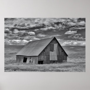 Poster Fermes   BW American Flag Barn Scene