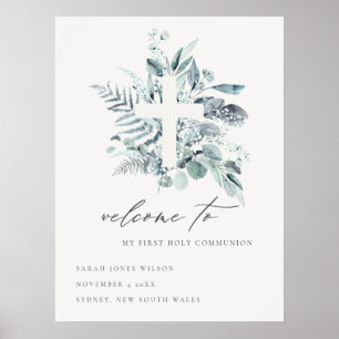 Poster Fern Foliage Cross Première Communion Sainte Bienv
