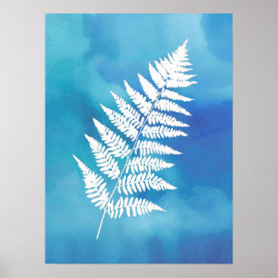 Poster Fern Frond, Blanc sur bleu Arrière - plan Aquarell