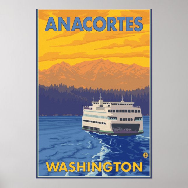 Poster Ferry and Mountains - Anacortes, Washington (Devant)