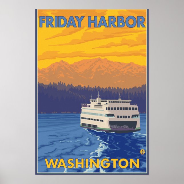 Poster Ferry and Mountains - Friday Harbour, Washington (Devant)