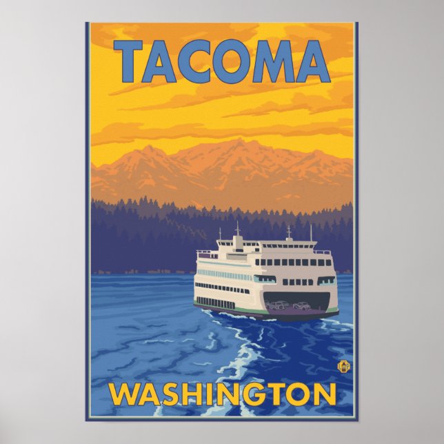 Poster Ferry et montagnes - Tacoma, Washington (Devant)