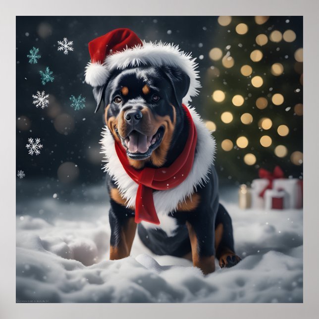 Poster Festif chien Rottweiler de Noël avec chapeau de Pè (Devant)