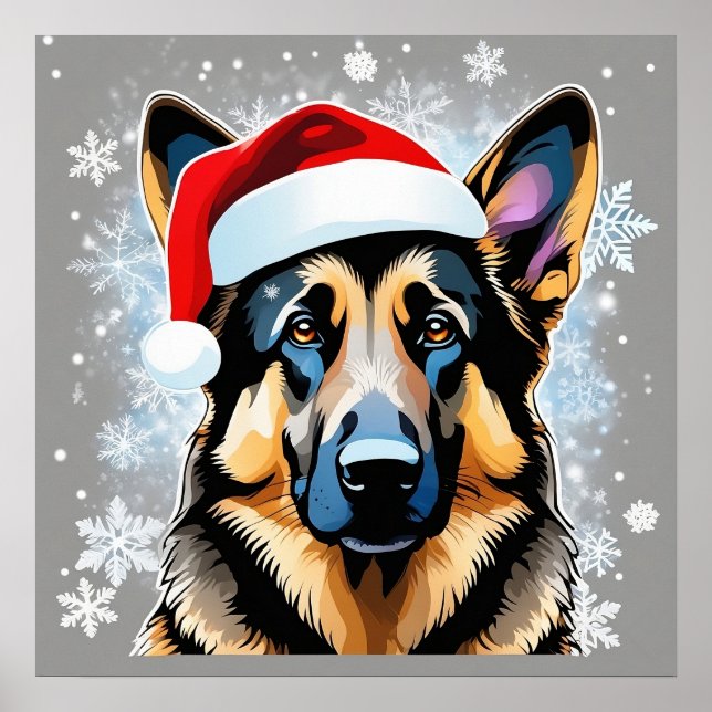 Poster Festif de Noël allemand berger chien en neige (Devant)