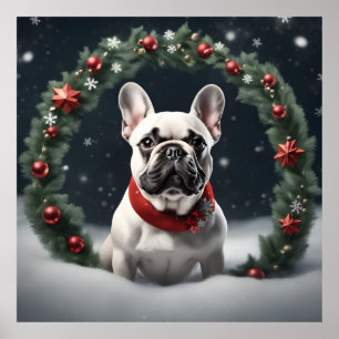 Poster Festif de Noël français Bulldog avec couronne