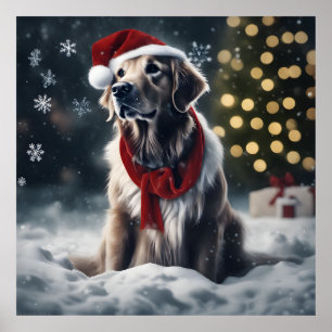 Poster Festif Noël Golden Retriever avec Santa Hat