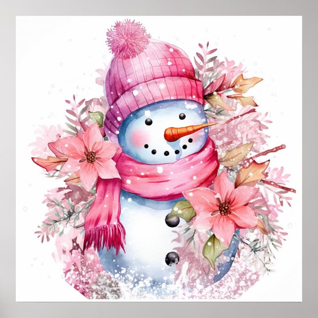 Poster Festive femme de neige rose de Noël (Devant)