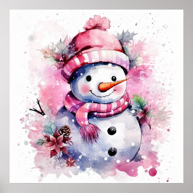Poster Festive femme de neige rose de Noël (Devant)