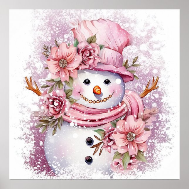 Poster Festive femme de neige rose de Noël (Devant)