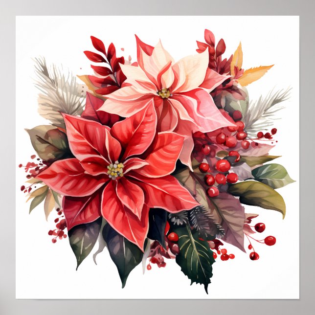 Poster Festive Rouge Poinsettia Fleurs de Noël (Devant)