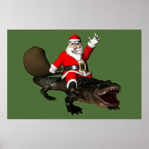 Poster Festive Santa Claus Riding An Alligator