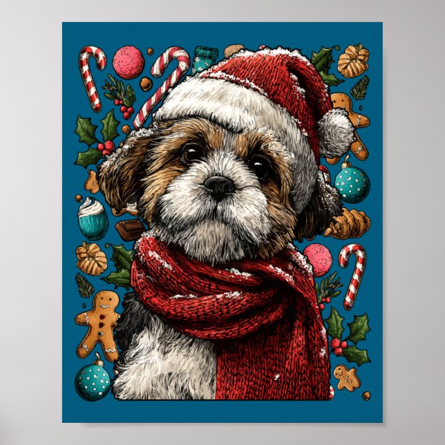 Poster Festive Shih Tzu With Santa Hat Snowy Winter Chris (Devant)