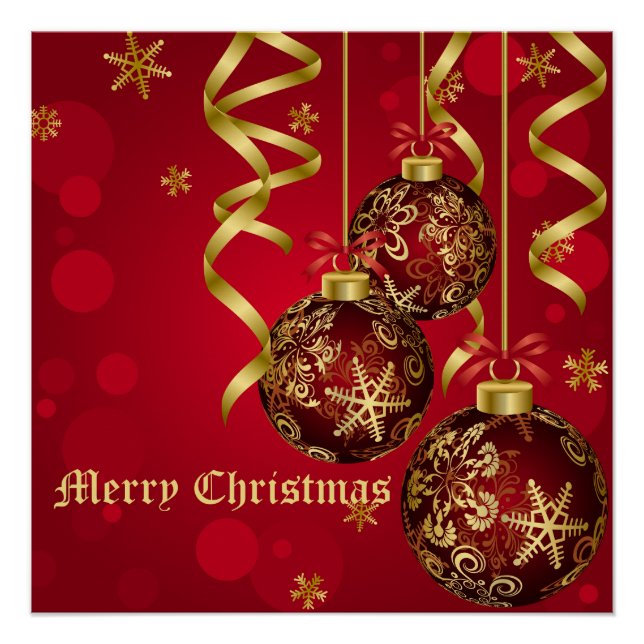 Poster Festive tendance Rouge et ornements de Noël doré (Devant)