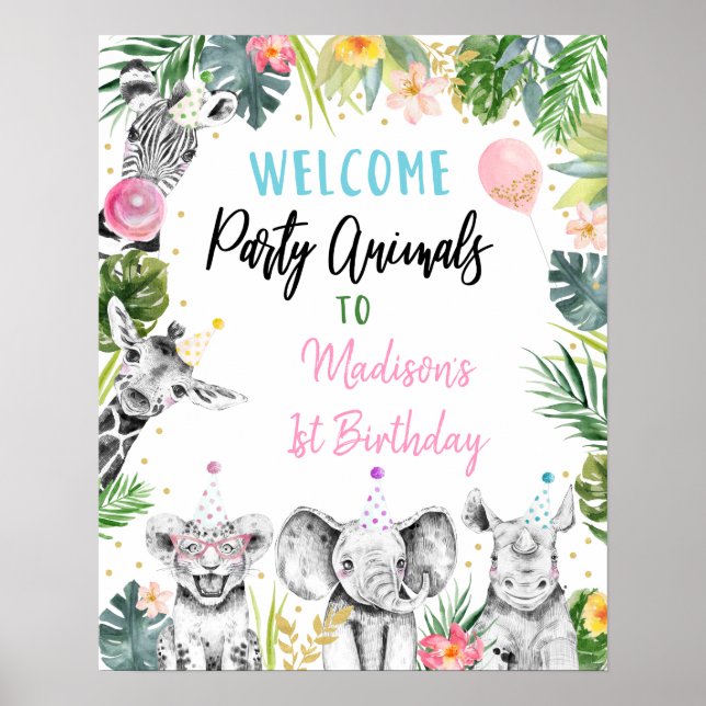 Poster Fête Animal rose or Tropical Anniversaire Bienvenu (Devant)