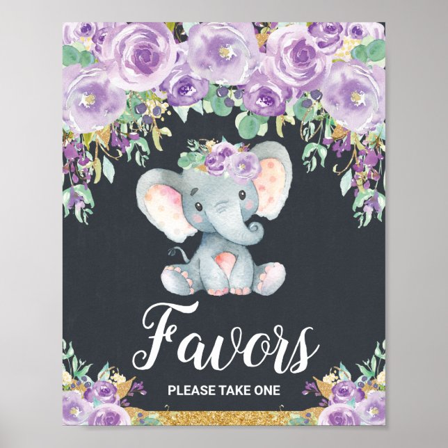 Poster Fête Baby shower Eléphant Floral Violet Favorisée (Devant)