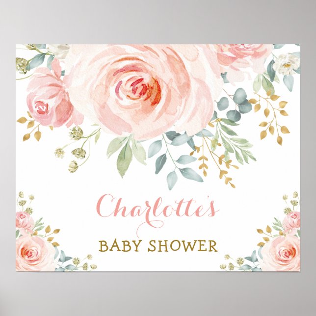 Poster Fête Baby Shower Fleurs de Rosier à l'Aquarelle Ro (Devant)