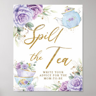 Poster Fête bébé thème thé floral violet Spill The Tea