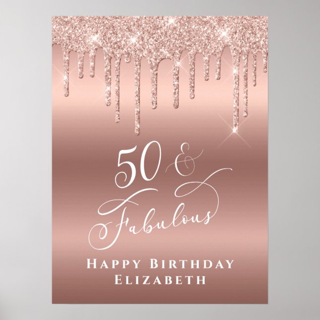 Poster Fête d'anniversaire 50 ans pailletée or rose Fabul (Devant)