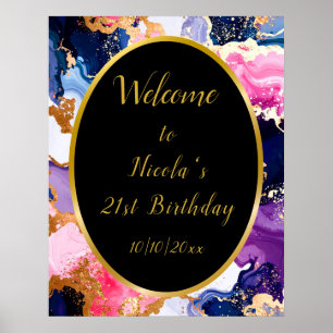 Poster Fête d'anniversaire à l'encre rose, bleu marine et