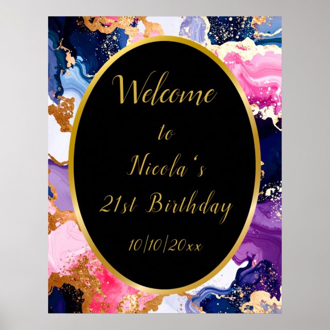 Poster Fête d'anniversaire à l'encre rose, bleu marine et (Devant)