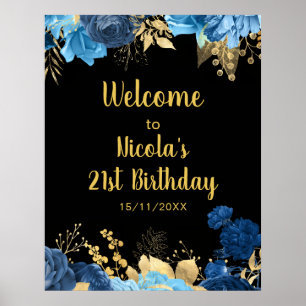 Poster Fête d'anniversaire aux fleurs bleues et or élégan