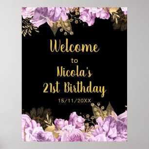 Poster Fête d'anniversaire aux fleurs de lilas et or élég
