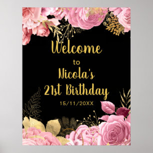 Poster Fête d'anniversaire aux fleurs roses et dorées élé