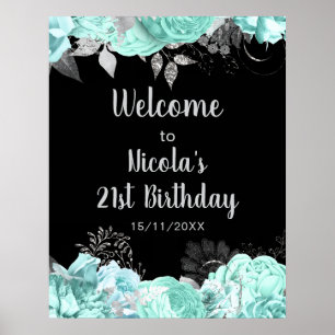 Poster Fête d'anniversaire aux fleurs vertes et argentées