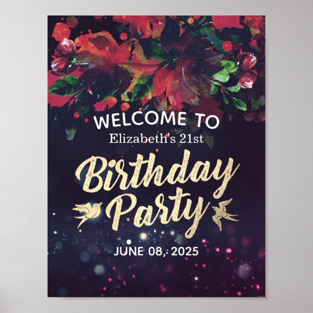 Poster Fête d'anniversaire Bienvenue Marsala Floral Purpl (Devant)