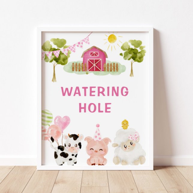 Poster Fête d'anniversaire d'animaux de ferme roses Aquar (Créateur téléchargé)