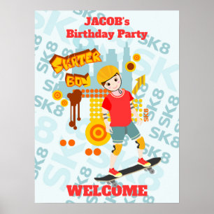 Poster Fête d'anniversaire de garçon amusante au skate pa