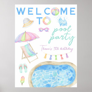 Poster Fête d'anniversaire de la piscine aquarelle