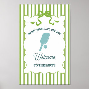 Poster Fête d'anniversaire de Pickleball rayée verte et b