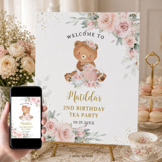 Poster Fête d'anniversaire de thé à l'ours en peluche flo