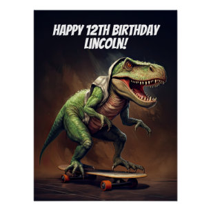 Poster Fête d'anniversaire dinosaure T-Rex à skateboard