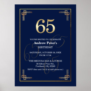 Poster Fête d'anniversaire élégante Bleu Or 65 ans