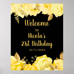 Poster Fête d'anniversaire élégante fleurs jaunes et or