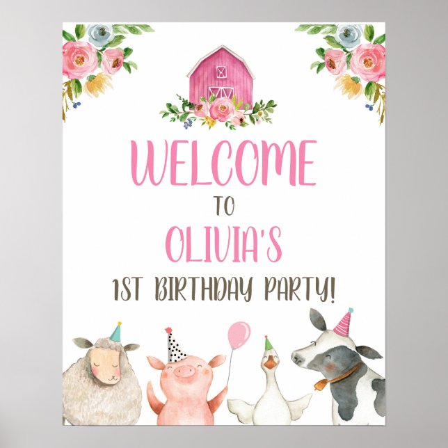 Poster Fête d'anniversaire Fille Animaux de la ferme Gran (Devant)