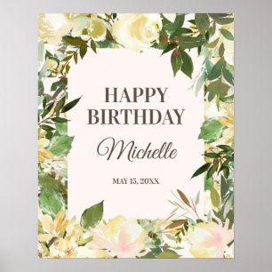 Poster Fête d'anniversaire Fleurs Blanches Élégantes