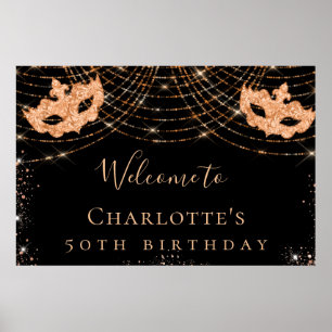 Poster Fête d'anniversaire masquée en or noir pailleté