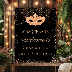 Poster Fête d'anniversaire masquée en or noir pailleté