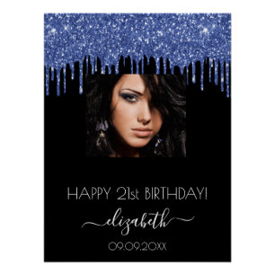 Poster fête d'anniversaire noir bleu parties scintillant 