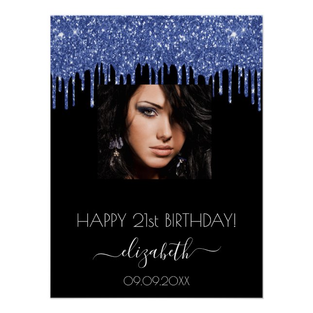 Poster fête d'anniversaire noir bleu parties scintillant  (Devant)