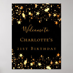 Poster fête d'anniversaire noir étoiles d'or bienvenue